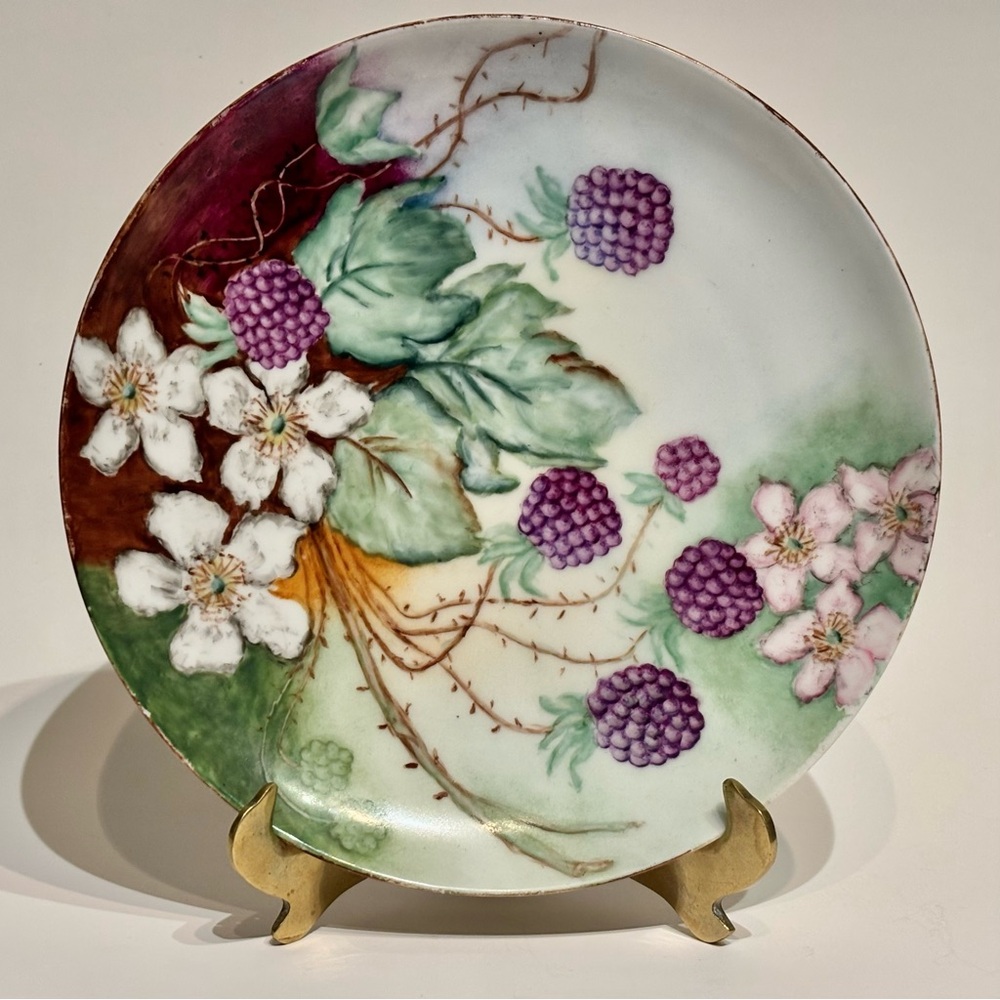 Hand Painted Haviland Blackberries and Blossoms Porcelain Plate Signed 1910